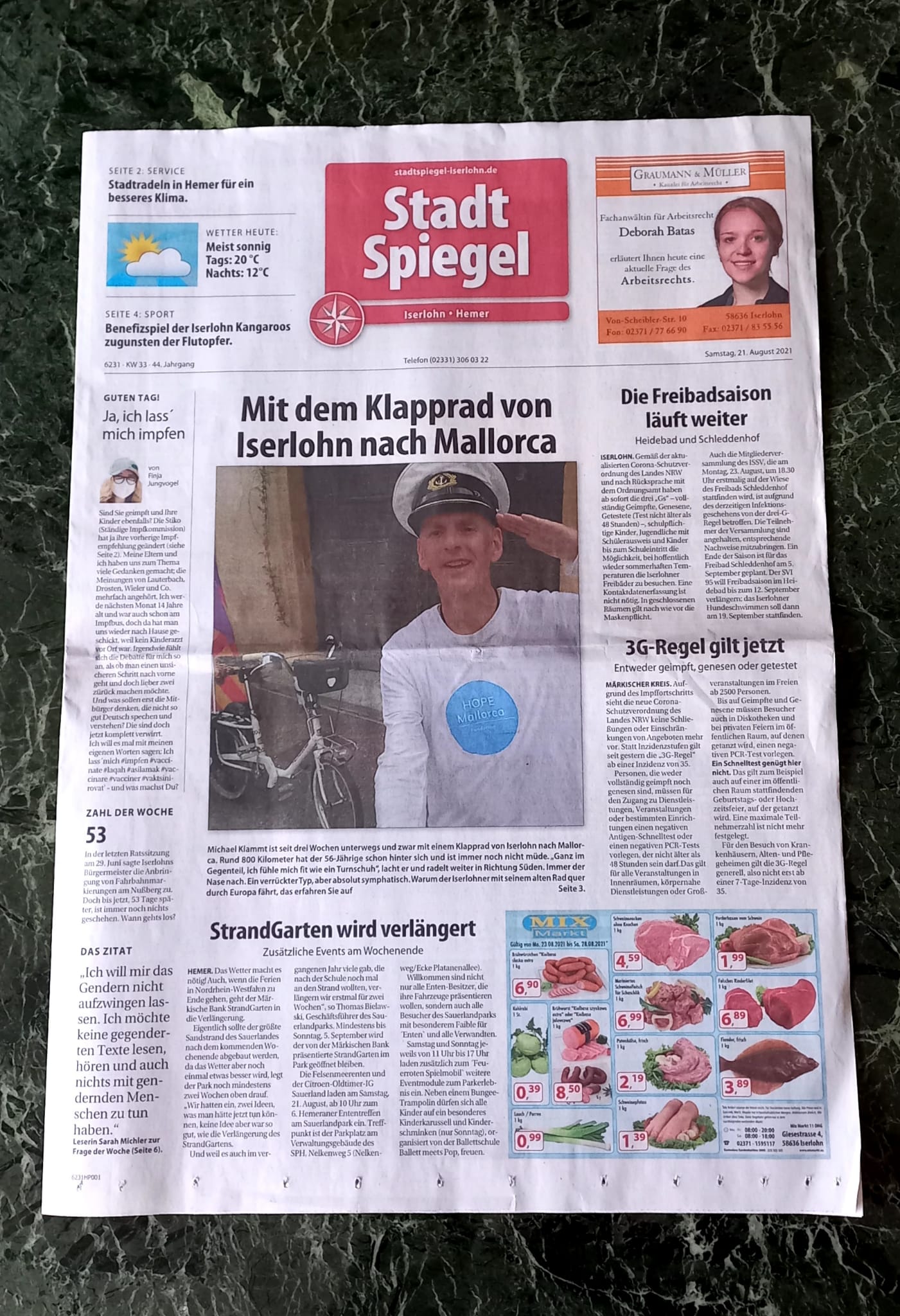 Mit dem Klapprad von Iserlohn nach Mallorca ( Stadtspiegel vom 21.08.21 )